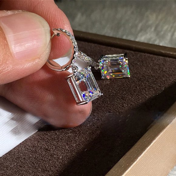 18K WHITE GOLD RADIANT DIAMOND DANGLE EARRINGS - Picture 2 of 6